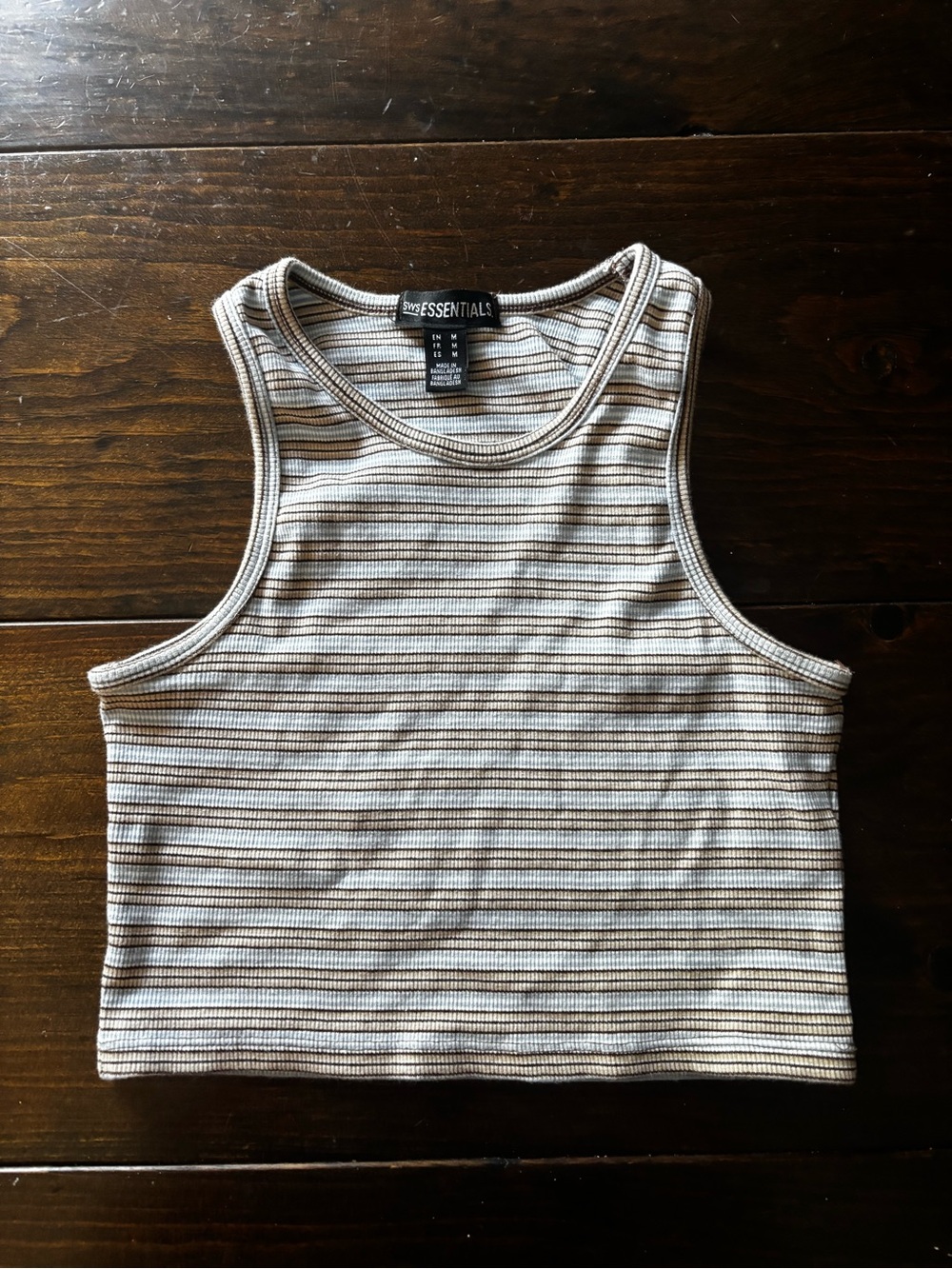 ESSENTIALS Striped Ribbed Cropped Tank Top in Cream and Brown